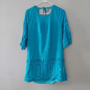 Crown & Ivy Kleid Gr. 12 blau Ösen Details Halbarm Schlüsselloch hinten Bindeband am Ausschnitt - Bild 1 von 6
