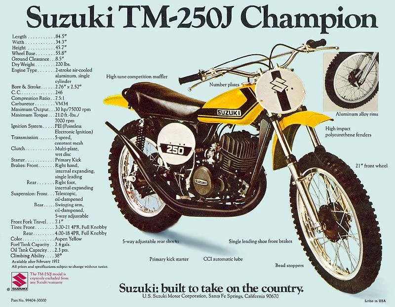 Suzuki TM-250J 1972 Champion especificaciones de ventas anuncio/folleto  Foto 1 de 1