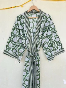 Indisch grün Blumen Baumwolle Morgenmantel lang Kimono Nachtwäsche Nachtanzug Kimono Roben USA - Bild 1 von 4