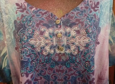 Vintage 90s Y2k Energe World Wear Plus Size 2X Lavender Bling Paisley Henley Top - Image 1 of 4