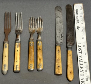 Lot 6 antique Civil War era BONE HANDLE Fork Knife A.F. BANNISTER Rustic PROPS - Picture 1 of 18