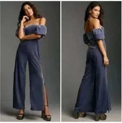 ANTHROPOLOGIE The Femme Velvet Jumpsuit Off Shoulder Dusty Blue Puff Sleeves 8 - Image 1 of 4