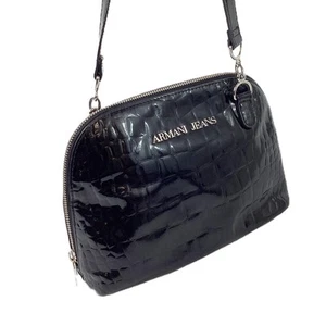 Armani Jeans Black Patent Faux Leather Croc Print Zip Top Crossbody Handbag - Picture 1 of 8