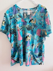 Disney Women's Scrub Top 2XL Prewashed Aurora Sleeping Beauty Short Sleeve Blue - Picture 1 of 6