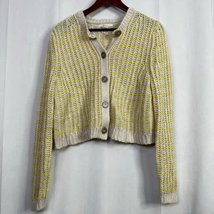 Boden Striped Cardigan Cropped Wool Alpaca Womens Beach Cable Knit Yellow Large - Picture 1 of 10