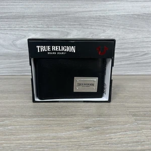 True Religion Genuine Leather Black Bi-fold Wallet RFID Money Cards Men’s New - Picture 1 of 6