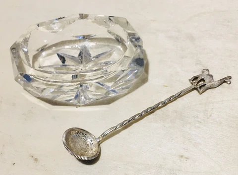 Antique Sterling Silver Salt Spoon w/ Crystal Dish 1905 Peru Llama NICE RARE Cover