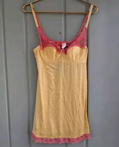 Victorias Secret Nightie Slip Womens Medium Silk Satin Yellow Pink Polka Dot Bra - Picture 1 of 7