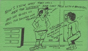 CB radio QSL postcard "The Listener" sexy risque peeping tom comic 1960s - Bild 1 von 1