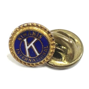 Goldtone Enamel Kiwanis International Label Pin Tie Tack Pin Vintage Pinback - Picture 1 of 3
