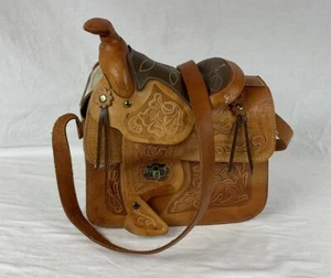 Vintage Hand Tooled Leather Western Saddle Shoulder Bag Sherpa Lined - Picture 1 of 15