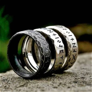 Vintage Viking Rune Ring Stainless Steel Celtic Norse Pagan Ring Band - Picture 1 of 10
