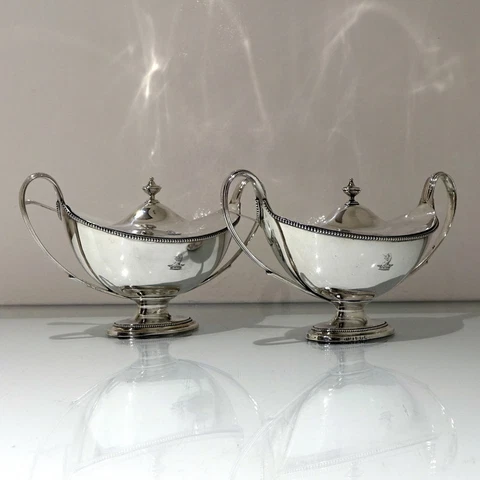Antique George III Sterling Silver Pair Sauce Tureens London 1786 John Scofield Cover
