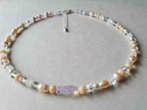 Zuchtperlen Glasperlen Halskette Collier mit Fisch rosa weiß apricot Unikat 7185 - Bild 1 von 8