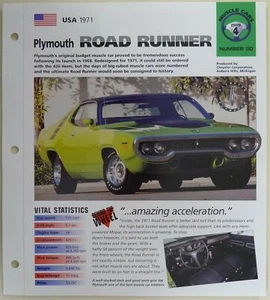 Folleto Especificaciones 1971 Plymouth Road Runner IMP Hot Cars Grupo 4, No 30 - Imagen 1 de 3