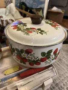 Ancienne grande casserole émaillée Sheffield fraises 'n crème - Photo 1/3