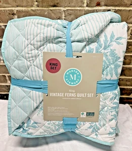 Martha Stewart Vintage Ferns Teal Blue Reverse Quilt + Shams 3pc Set KING New - Picture 1 of 7