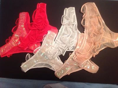 Victorias Secret Very Sexy Bikini Panty Sequins Ruffles Beige Red White NWT  - Image 1 of 4