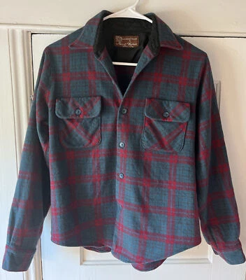 Merrill Woolens Wool Button Up Shirt Cranberry Red & Forest Green Plaid Small  - Image 1 of 4