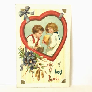 Antigua Postal de San Valentín Niño Niña Corazón Flor Dividida Escrita Sin Publicar #119 - Imagen 1 de 7
