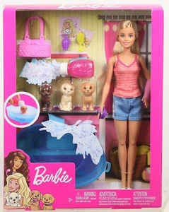 Barbie Puppe, blond und Spielset mit 3 Welpen, Badewanne und Zubehör - Bild 1 von 6