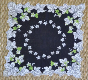 VINTAGE 1940s/50s black and white ivy leaf pattern cotton handkerchief - Picture 1 of 8