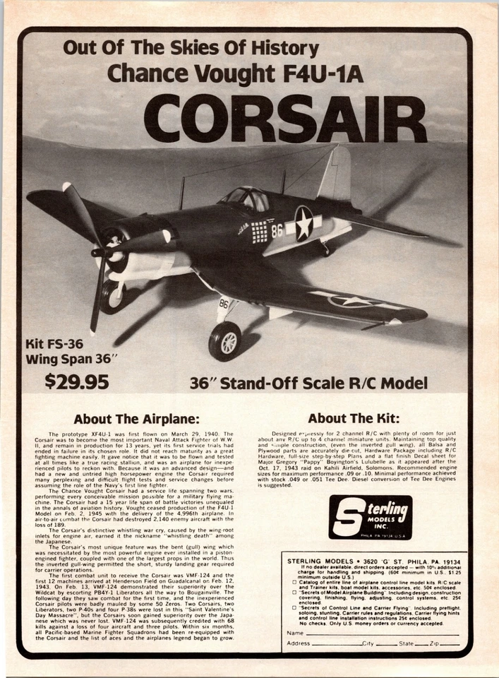 Chance Vought F4U-1A Corsair Vintage Print Ad Sterling Models - Image 1 of 1