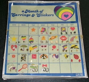 Vintage 80's Month of Earrings & Stickers Unicorn Moon Bear Rainbow - Picture 1 of 4