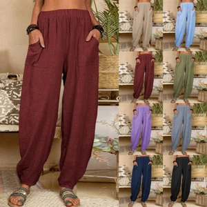 Womens Harem Baggy Pants Ladies Summer Combat Cargo Wide Leg Trousers Plus Size - Picture 1 of 28