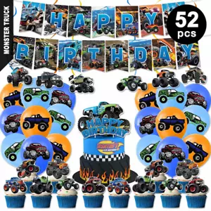 52pcs Monster Truck Balloons Set Boy Birthday Party Banner Cake Cupcake Topper - Picture 1 of 9