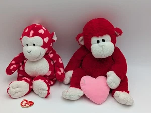 Ty Pluffies Harts Dynamite Red White Monkey Plush Pink Valentine Hearts Lot - Picture 1 of 19