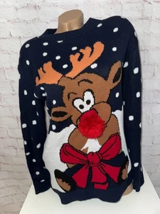 Remel London kitschiger Weihnachtspullover Strickpullover Rentier Bommelnase S - Bild 1 von 6