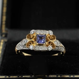 Edwardian Style Lilac Blue Sapphire Diamond 14K Gold Filigree Ring L / 5.5 - Picture 1 of 10