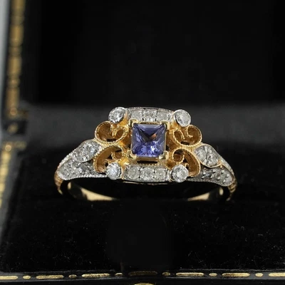 Филигранное кольцо в эдвардианском стиле с синим сапфиром и бриллиантами из золота 14 карат L / 5,5 - Изображение 1 из 4