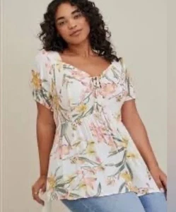Torrid Floral Crinkle Gauze Babydoll Top Plus Size 2X Coquette Milkmaid Flirty - Picture 1 of 6