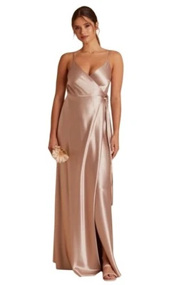 Vestido de Dama de honor Cindy Gris Pájaro Satinado Talla S Nuevo con Etiquetas Corbata Envolvente Taupe Invitada de Boda Foto 1 de 4