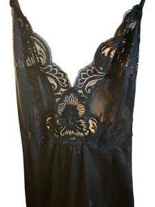 Vtg Shadowline Crisscross Back Nightgown Full Slip Dress Black Lace S/P USA - Picture 1 of 6