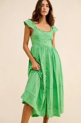 Vestido Urban Outfitters XS Fiona Ojales Midi Kelly Verde Mangas Gorra Cottage Core Foto 1 de 4