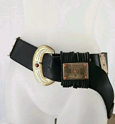 VTG Native Brass Moon Coral Stone Conch Thick Black Leather Sz 28-30 Womens Belt - Image 1 of 4