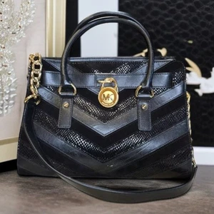Michael Kors Hamilton strukturierte/gemusterte Leder Schulter Satchel Handtasche in schwarz - Bild 1 von 13