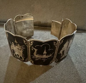 SIAM 925 Sterling Silber Vintage Armband emailliert handgeschnitzt siamesisch - Bild 1 von 8