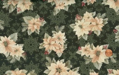 CLEARANCE - 'FESTIVE HOLIDAY' POINSETTIAS ON PINE GREEN FABRIC - BENARTEX