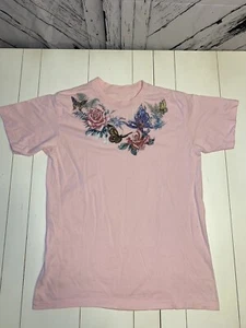 Vintage Single Stitch Schmetterling Rosen rosa Grafik Damen Shirt Large - Bild 1 von 4