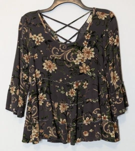 LILY WHITE Gray Floral Short Tiered Peasant Top; Back Laces; Size M - Picture 1 of 6