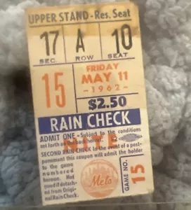 Boleto NY Mets Polo Grounds 1er juego contra los Milwaukee Braves 11 de mayo de 1962 - Imagen 1 de 9