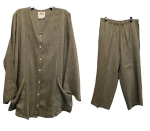FLAX by Jeanne Engelhart 2 Piece Set Tunic Top Pants Brown Linen Oversized M - Picture 1 of 16