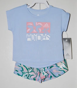 NWT adidas Infant Girls Pale Periwinkle Blue Floral 2pc SS Short Set sz 3M - Picture 1 of 15