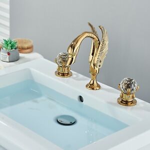 Gold Swan Bathroom Sink Faucet 3 Holes 2 Handles Mount Mixer Waterfall Sink