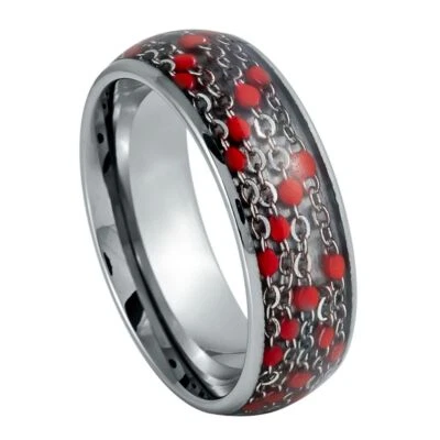 Tungsten Ring Band Dome Ring Cable Chain & Red Beads Inlay For Men & Women - Image 1 of 4