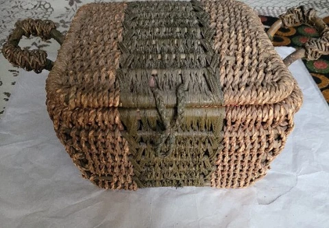 Antique Twisted Rattan Sewing Basket~Large Green/Natural Lidded 14"w×6.50" Tall Cover